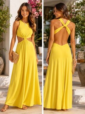 BCBGMAXAZRIA yellow open back maxi dress